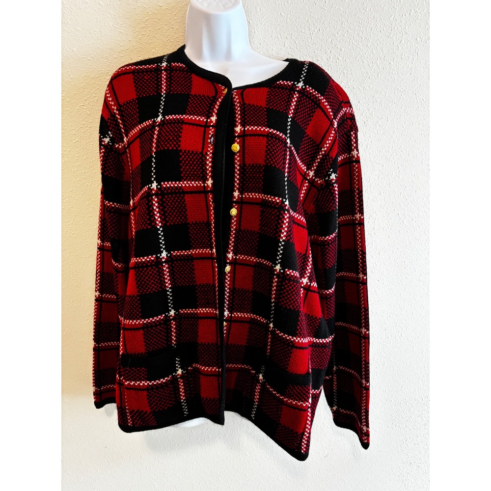 Vintage Liz Baker Cardigan XL Red Black‎ Plaid Gold Button Dark Academia Sweater